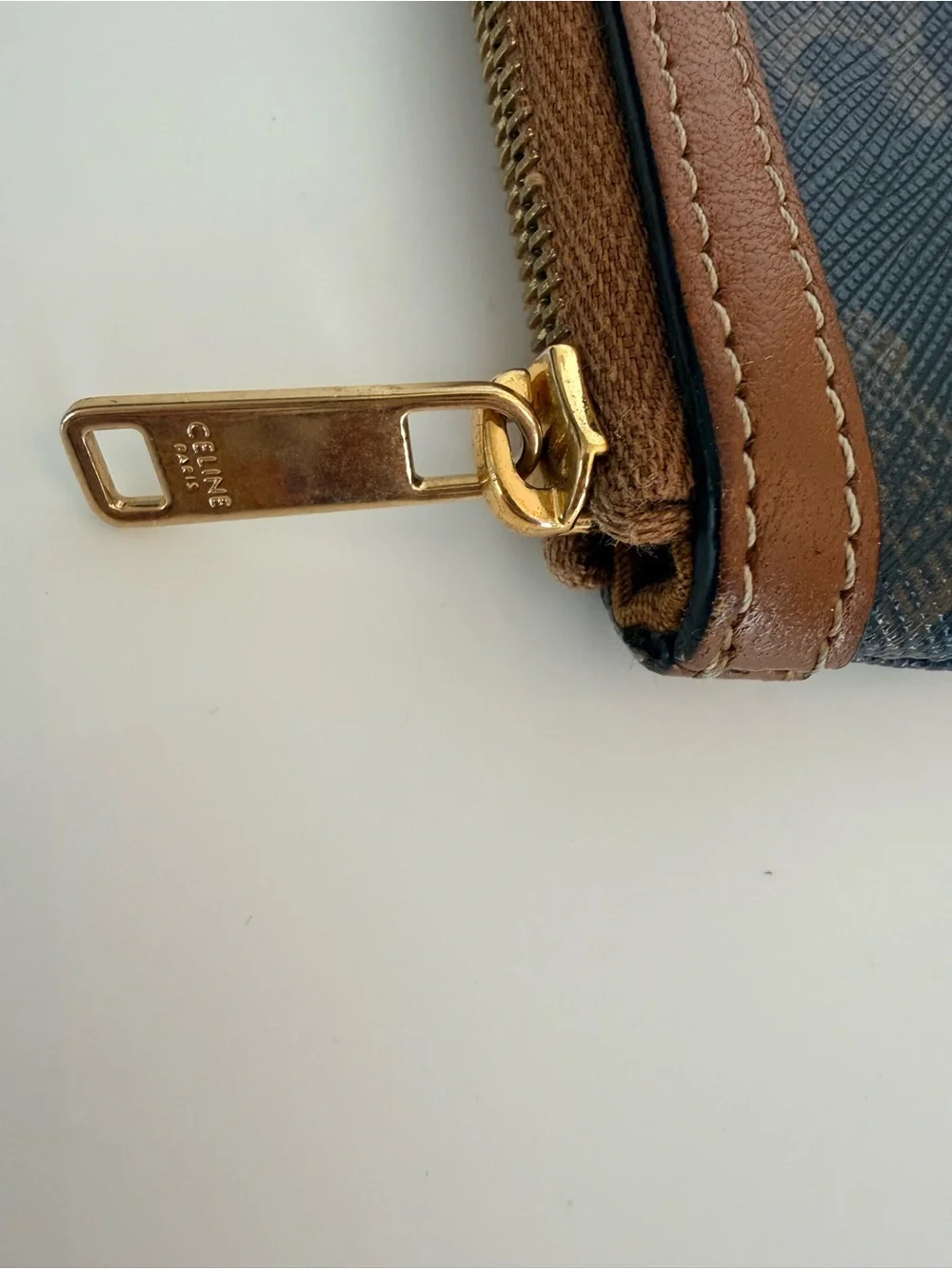 Celine Brown Monogram Canvas Zip Pouch with Tan Leather Trim